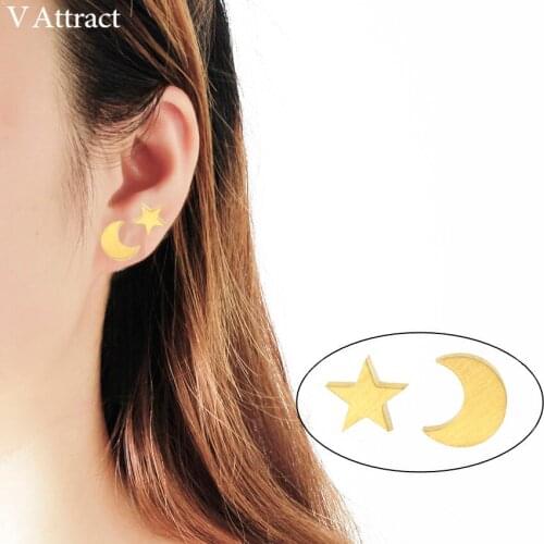 V Attract 10pair Stainless Steel Simple Star and Moon Stud Earrings Gold Mini Jewelry Brincos Bijoux Femme BFF Gift