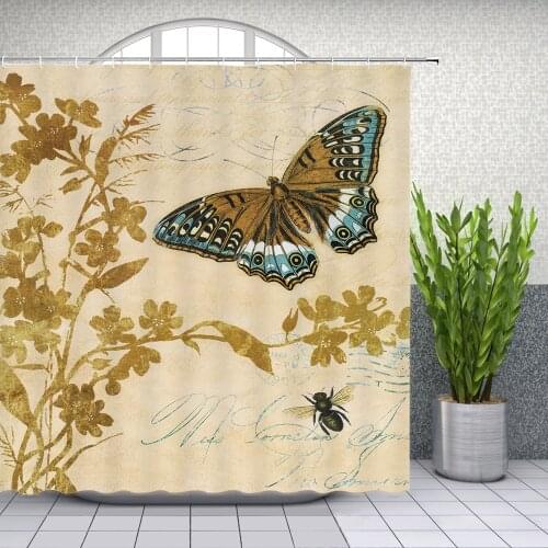 Butterfly Bird Flower Shower Curtains Set Retro Style Creative Pattern Home Bathroom Decor Waterproof Polyester Fabric Curtain
