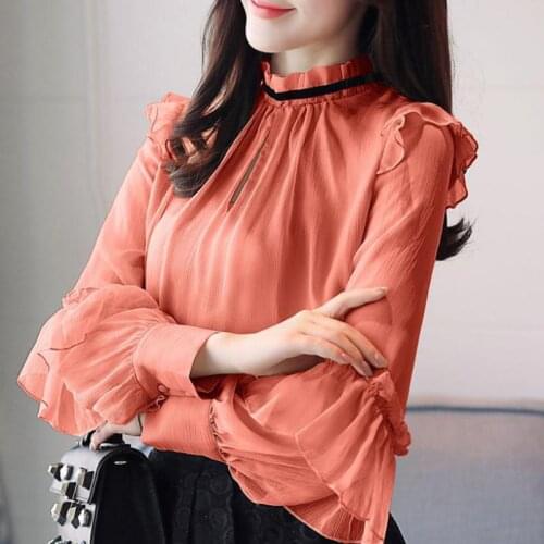 Spring Fall Fashion Women Orange Grey Beige Stand Collor Ruffles Chiffon Blouse , Korean Woman Patchwork Pleated Blouses Shirt