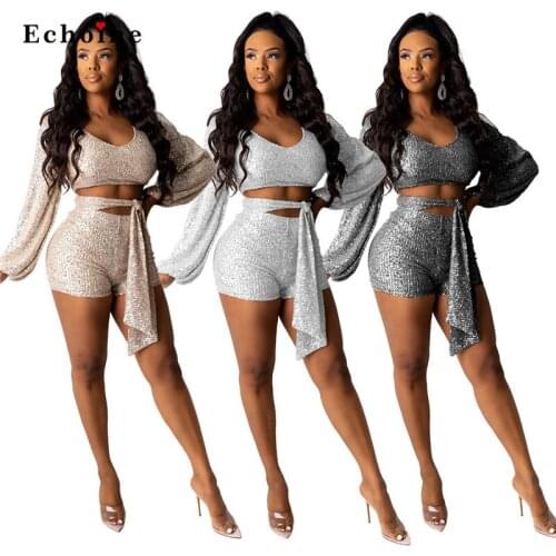 Women Exquisite Sequin 2 PCS Set Streetwear Suit Sexy Crop Tops Long Lantern Sleeve Sheath Short Pants Chic Outwear Lady Clothes