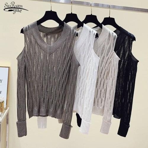 Autumn New 2021 Korean Version Long Sleeve Off Shoulder Hollow V-neck Knitwear Womens Loose-fitting Fashion Sunscreen Top 15928