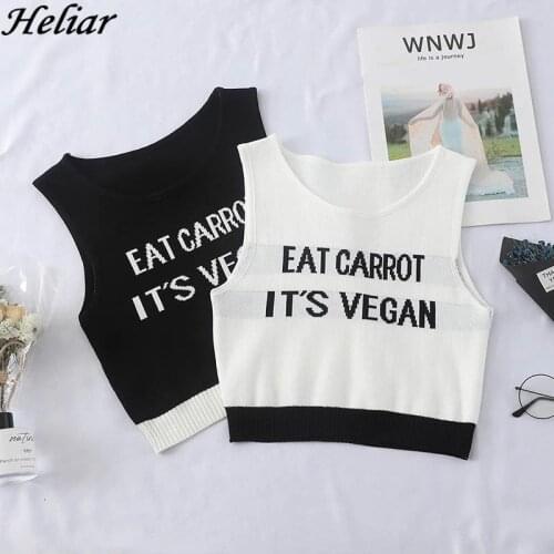 HELIAR 2019 Summer Lady Tank Tops Girlish Tops Female Crop Tops EAT CARROT ITS VEGAN Letter Print Camisoul Women Knitting Vest