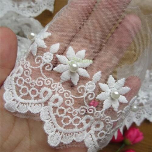 1 Meter White Cotton Pearl Embroidered Flower Mesh Lace Trim Ribbon Fabric Sewing Craft DIY Wedding Dress Clothing Accessories