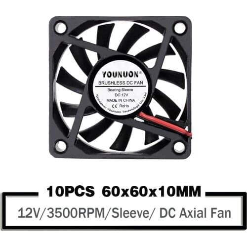 10PCS YOUNUON DC 12V 2Pin 60mm 60x60x10mm 6010S 6cm Cooler Motor Brushless Cooling Fan