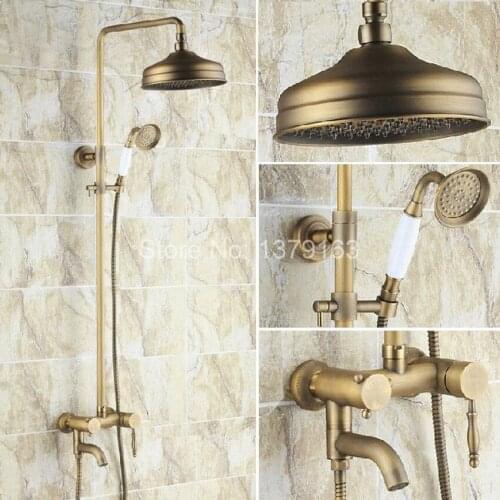 Antique Brass Single Handle Bathroom Rain Shower Faucet Set Tub Mixer Tap + 8" Round Rainfall Shower Head + Handshower ars154