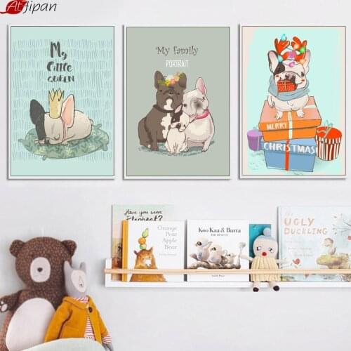 Atfipan Framed Cute Animal Dog Modern Cartoon Painting On Canvas Poster Prints Girls Decoration Canvas Painting Wall Pictures