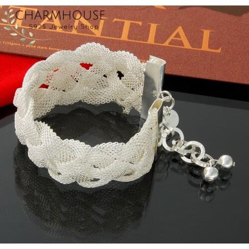 Sterling Silver Bracelets For Women Wide Mesh Link Chain Bracelet & Bangles Pulseira Femme Wristband Fashion Jewelry Wholesale