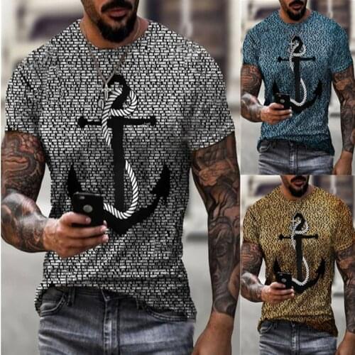 Mens retro anchor loose digital printing short-sleeved round neck T-shirt European and American foreign trade summer mens clot
