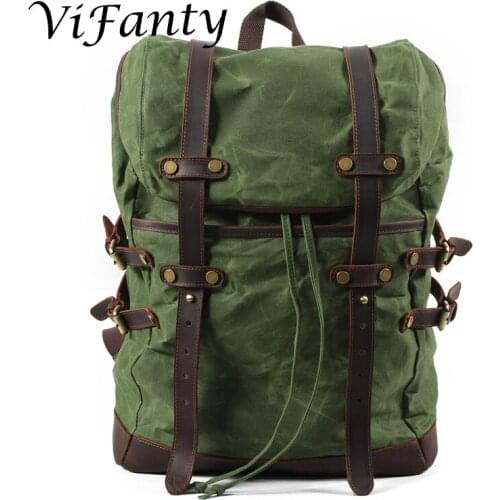 Leather-Waxed Canvas Shoulder Hiking Rucksack Men Travel Backpack