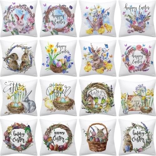 Easter Pillow Covers 45x45cm Set of 4 Decorations Rabbit Throw Pillowcase Bunnies Eggs Cotton Linen Cushion Case for Home Decor