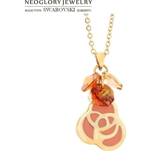 Neoglory Austria Crystal Pendant Necklace Romantic Pink Enamel Rose Flower Shaped Design Light Yellow Gold Color Gift Fashion