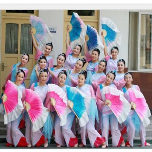 New 2-sides different color Traditional Oriental Dance Silk Fan Veils Nice Gradient Danceing Props 100% real silk Fans