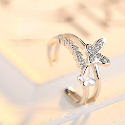 New Silver Plated Lady Fashion Crystal Double Butterfly Open Rings Rhinestone Zirconia Wedding Party Ring for Women Gift Jewelry