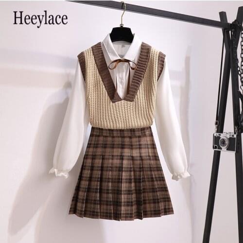 2021 autumn casual three pices set sweater vest+ long sleeve white blouse+ A line Plaid mini skirt student style sweet suits