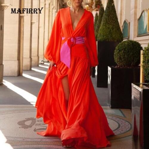 Summer Bright Color Women V Neck Loose Beach Dress Solid Casual Long Sleeve Hollow Out Dress Female Sexy Maxi Patchwork Dress
