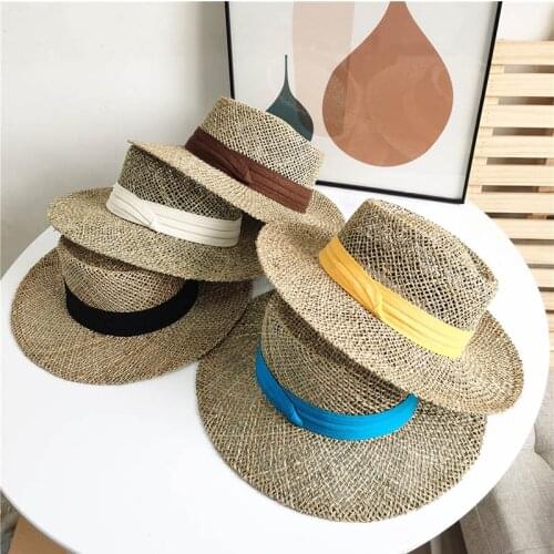Hand-woven flat-top straw hat Sun Hat Straw Hollow Out Mesh Hat Beach Sun Hats Uv Protection for Women Beach Sun Hat