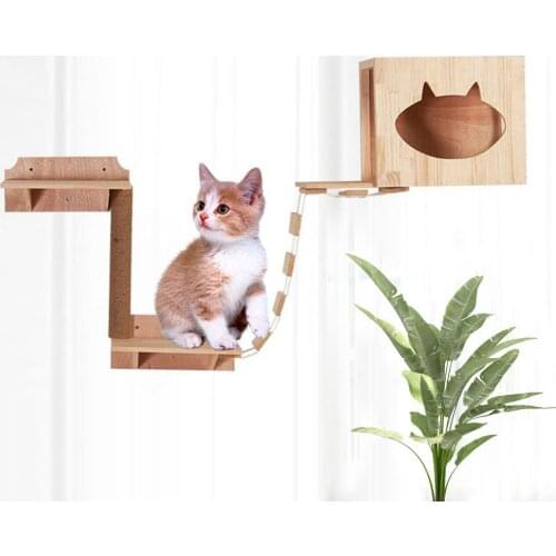 Cat Bridge Climbing Frame Wood DIY Pet Cat Tree House Bed Hammock Sisal Scratching Post Cat Furniture Cat Toy Wall Mounted