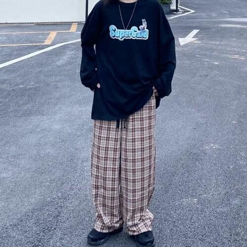 Simple Vintage Plaid Causal Long Women Pants Street Fashion Straight Wide Leg Pant women clothes goth pants sweat pants women