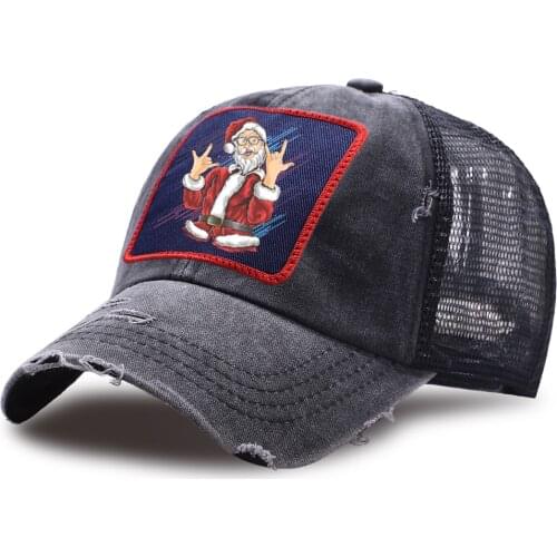 Christmas Santa Claus Baseball Caps For Men Outdoor Snapback Caps Summer Mesh Trucker Cap Women Washed Retro Fray Sun Shade Hat
