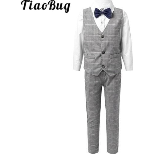 Flower Boy Wedding 4Pcs Outfit Little Boys Gentleman Suits For Children Sets Bowtie Long Shirt + Vest Pants Kids Formal Outfits