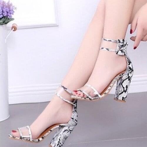 Pu leather snake print women sandals pumps transparent PVC high heels thick heel female summer sexy platform pumps shoes woman