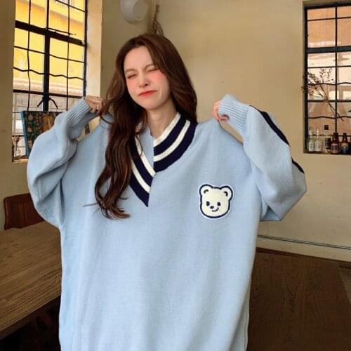 Cute Autumn Winter Women Patchwork Sweater Fashion Bear Print Knitted Jumper Kawaii Warm Female Tops Femme Funny Loose Sweater