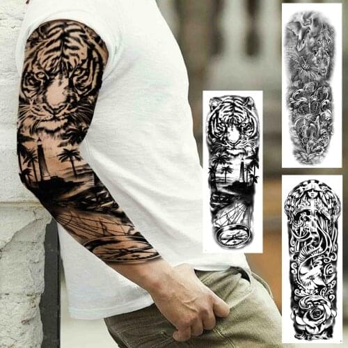 Tiger Compass Full Arm Tattoo Sticker For Men Women Realistic Fake Dove Nun Rose Tattoos Temporary Sleeve Long Size Tatoos Decor