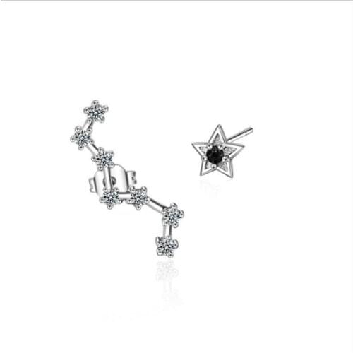 TJP Trendy 925 Sterling Silver Earrings For Women Jewelry Personality Crystal Star Asymmetry Female Stud Earrings For Lady Bijou