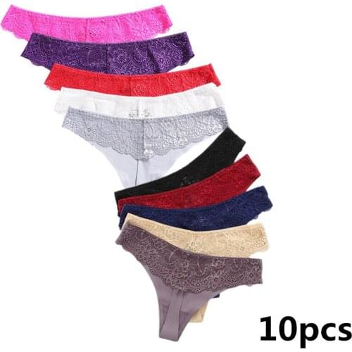 10PCS Womens Thong lace ice silk Stitching Panties Female Underwear Sexy Lingerie stretch plus size Thongs Women Briefs