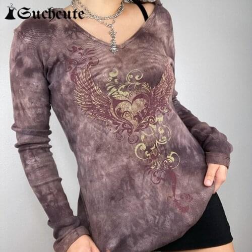 SUCHCUTE Tie Dye Wings Print Women Hooded T-shirts Harajuku Vintage Y2K Long Tops Casual Female Slim Hoodie Tee Shirt Streetwear