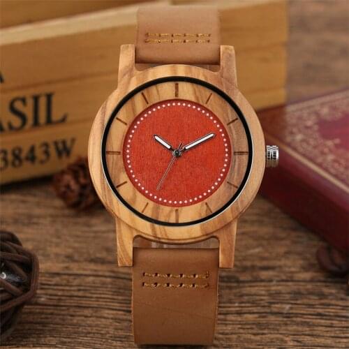 Zebrawood Case Womens Watch Quartz Wristwatch Brown Genuine Leather Wrist Watches Red Dial Trendy Ladies Wooden Female Clock