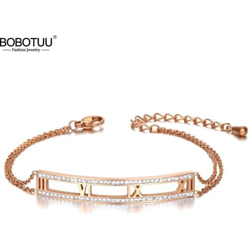 BOBOTUU Trendy Stainless Steel Roman Characters Charm Bracelets For Women Girls Vintage CZ Crystal Chain & Link Bracelet BB20049