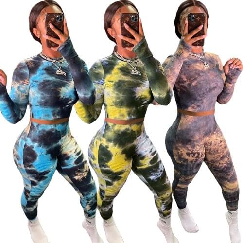 Echoine 2020 Autumn Women Tie Dye Print Fitness Two Piece Set StreetwearLong Sleeve Crop Top and Elastic Skinny Leggin Outfit