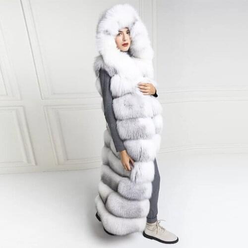 FURSARCAR 2020 New Style Cross Fox Fur Vest With Hood Luxury Winter Women Fur Coats Fashion 130cm Long Waistcoat Jacket