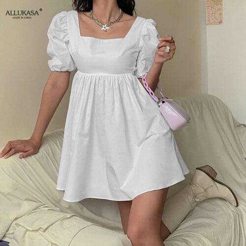 Women Summer Dress Summer Fashion White Elegant Puff Sleeve Backless Party Beach Dress Slim Vacation Casual Mini Dress 2021