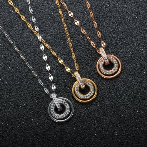 Luxury Crystals Double Circle Pendant Necklace High Quality Stainless Steel Trendy Exquisite Clavicle Jewelry For Women Men GIft
