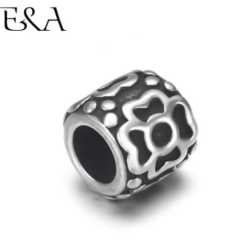 4pcs Stainless Steel Drum Flower Bead Charms 5mm Large Hole for Leather Jewelry Bracelet Making Metal Beads DIY Supplies Parts