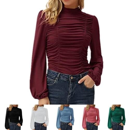 Blusas Elegant Women Blouse Long Sleeve Slim Fit Tops Solid Color Pleated Lantern Sleeve Office Ladies Pullover Blouses Top