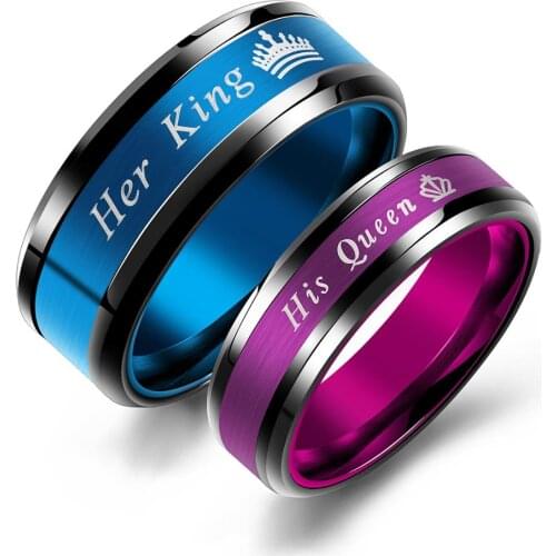 BONISKISS Hot Sale Her King His Queen Couple Rings Stainless Steel Zircon Crown Design Romantic Anniversary Wedding Band Ring