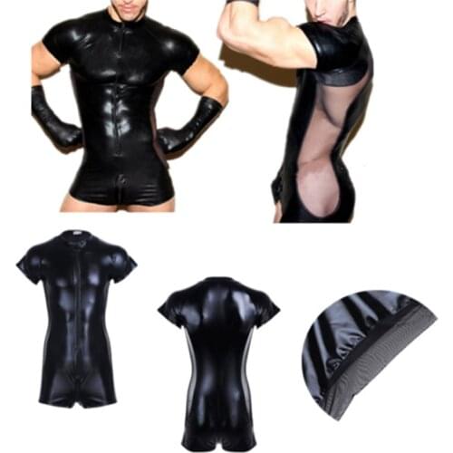 Hot Sexy PU Leather Men Sexy Bodysuit Faux Latex Male Erotic Jumpsuit Club Stage Costume Gays Sex Lingerie Adult Products