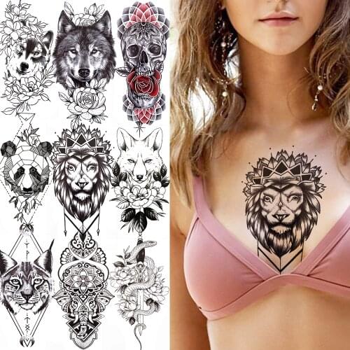 India Tribal Maori Temporary Tattoo For Women Fake Animal Panda Cat Wolf Snake Elephant Tatoo Sticker Black Death Skull Tattoo