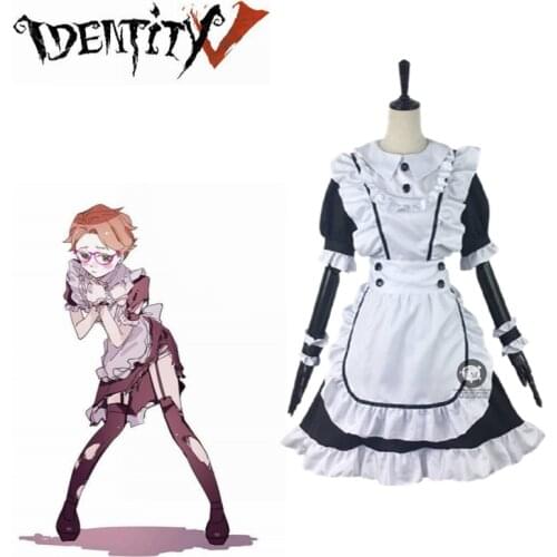 Lucky Guy Maid Costume Cosplay Game Identity V Unisex Man Female Cafe Black Maid Cospaly Costume Dress+Apron+Wrist+Bow