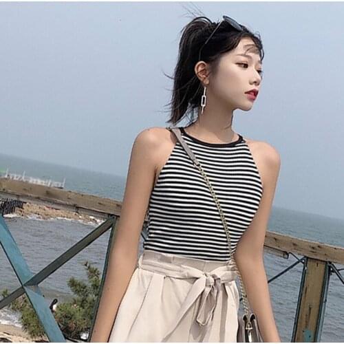 Summer Women Sexy Camis Slim Solid Color Striped Cross Knit Bottoming Tank Top Trend Hang Neck Camisoles