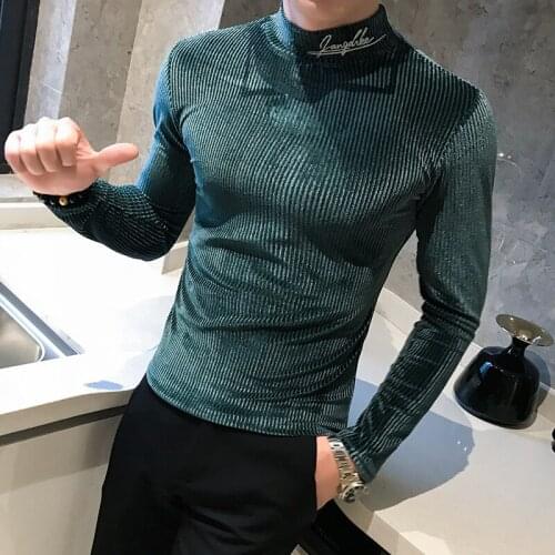 Mens Personality Gold Velvet T-shirt Male 2020 Spring And Summer Striped Long-sleeved Clothes High Collar Shirt
