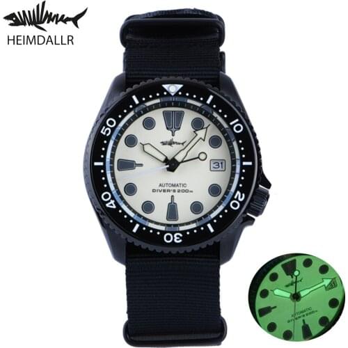 Heimdallr Mens SKX007 Retro Diver Watch Full Green Luminous Dial Sapphire Black PVD Coated Case NH35 Automatic Movement 200m