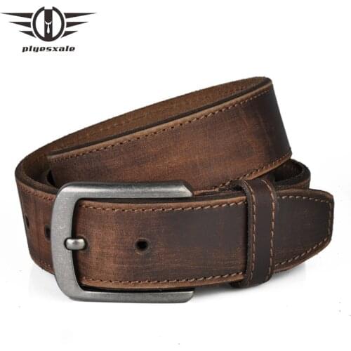 Plyesxale Durable Cowhide Leather Belt Men Luxury Mens Belt For Jeans Vintage Alloy Pin Buckle Matte Casual Belt 3.8cm Wide B781