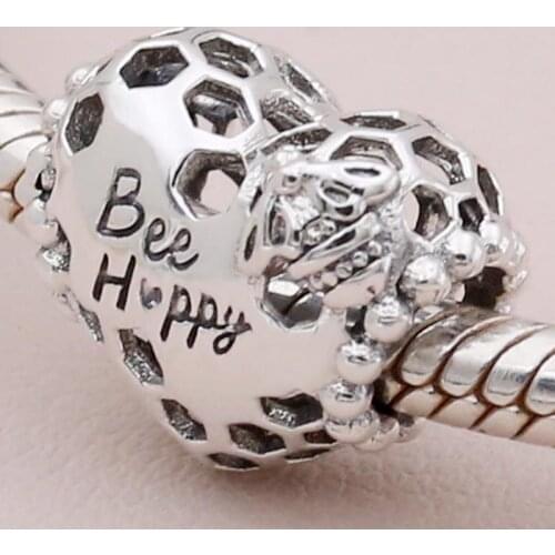 Original Openwork Bee Happy Honeycomb Love Heart Beads Fit 925 Sterling Silver Bead Charm Bracelet Bangle DIY Jewelry