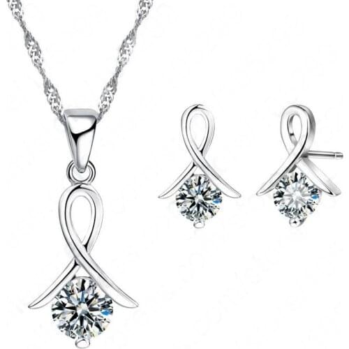 New Fashion Set For Women Cross CZ 925 Sterling Silver Pendant Necklace & Stud Earrings With Fast Shipping