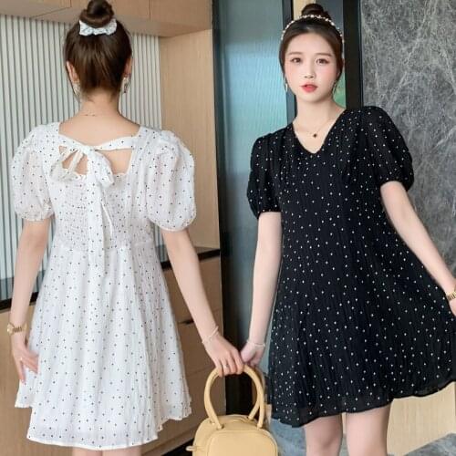 46807# Maternity Dress Summer Polka Dot Chiffon Short Sleeves Midi Dress Plus Size Pregnancy Dress Pregnant Women Mom Dress