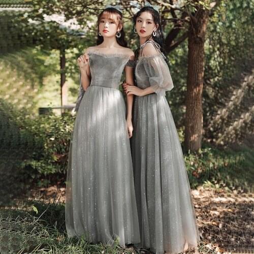 Bridesmaids Dresses Vintage Boat-Neck Spaghetti Straps Tulle Lace A-Line Sequined Gray Floor-Length Lady Wedding Party Gown E400